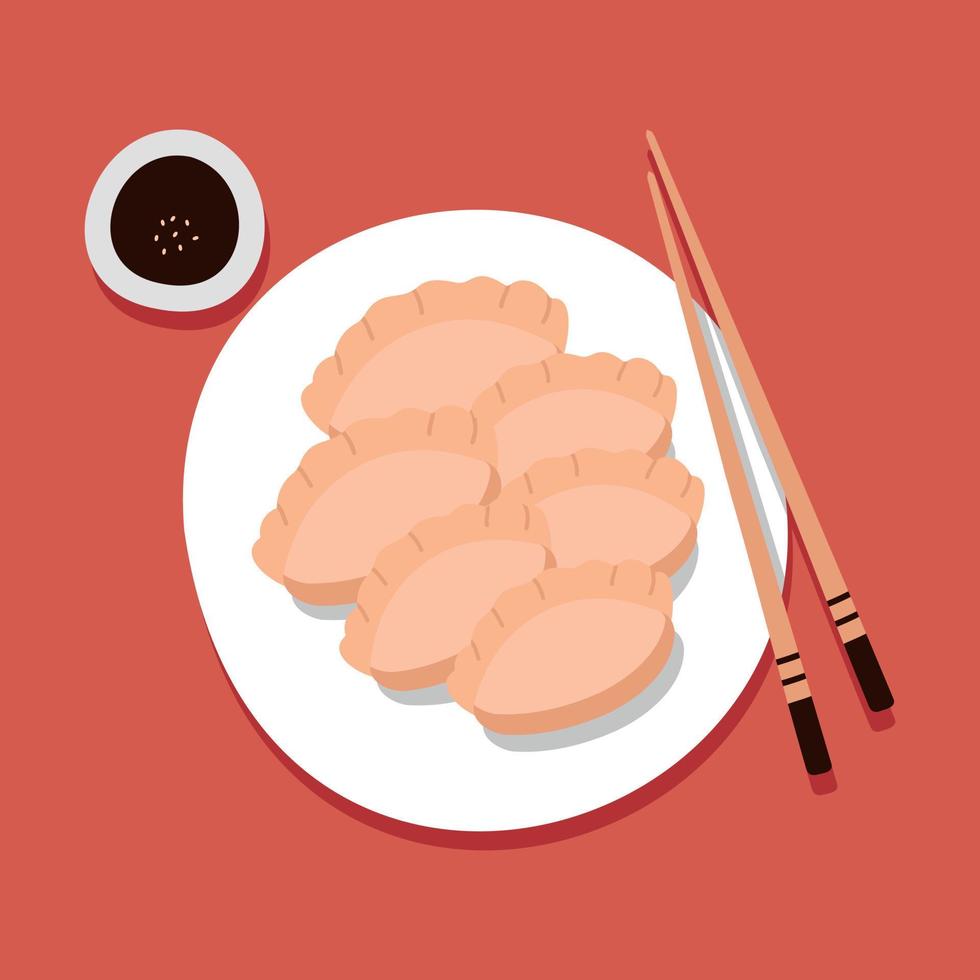 Jiaozi. Chinese New Year fried dumplings. Chopsticks, soy sauce. For menu, cafe, advertising vector