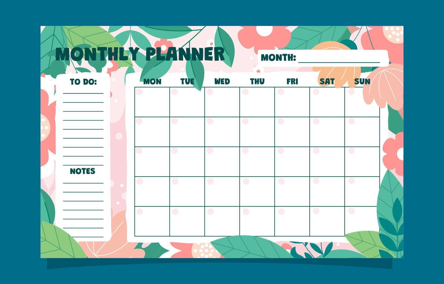 Monthly Planner Floral Themed Template vector