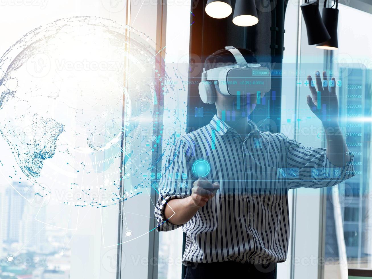 businessman standing pointing finger cheerful person stand wear vr virtual reality technology digital network online data analysis stock investment money wealth financial business strategy trader photo