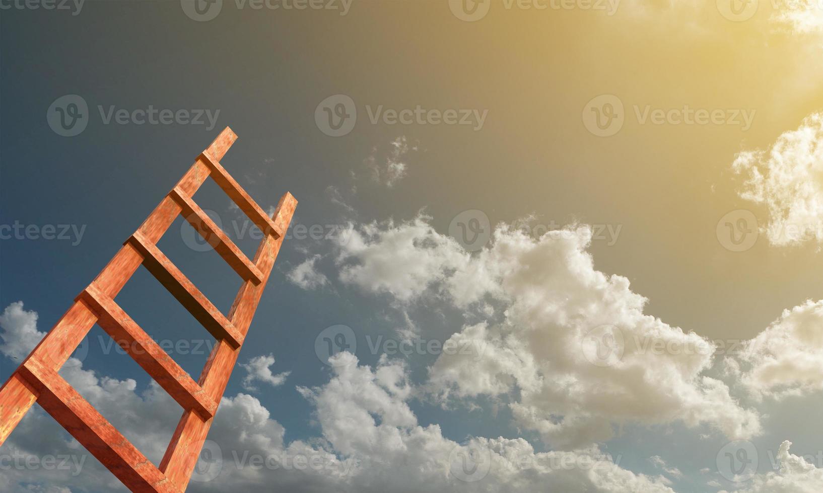 ladder staircase wooden blue sky cloudy background copy space symbol decoration ornament business process career path success opportunity motivation achievement human resource hr strategy.3d render photo