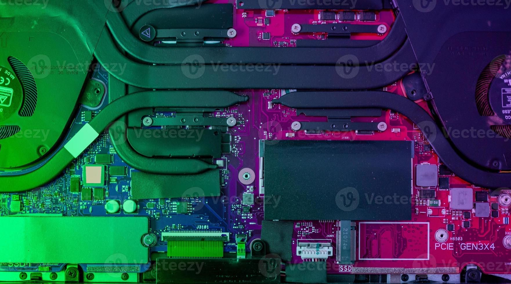 Circuit board with resistors microchips and electronic components. Computer hardware technology. Integrated communication processor. Information engineering. PCB. photo