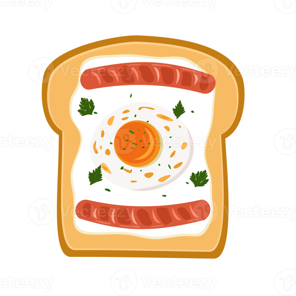 Fried egg toast and chicken sausage with celery leaf and basil png