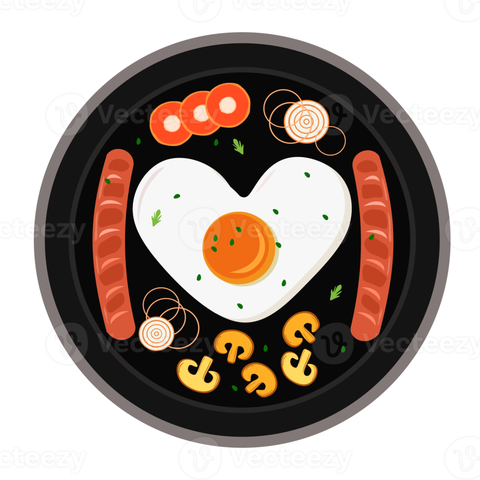 Plate breakfast menu with egg, chicken sausages, onions, mushrooms, and carrot slices png