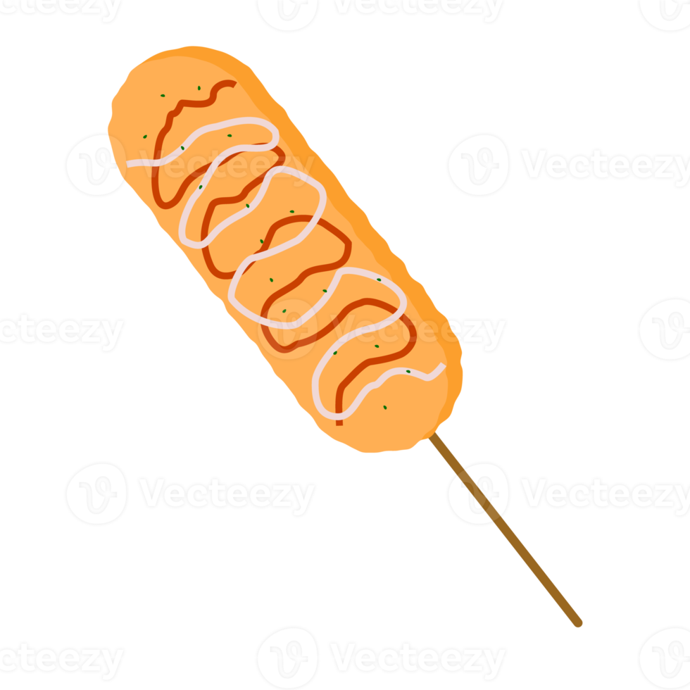 illustration de chien de maïs coréen, fromage et croustillant avec mozzarella et sauce chili. nourriture à thème png