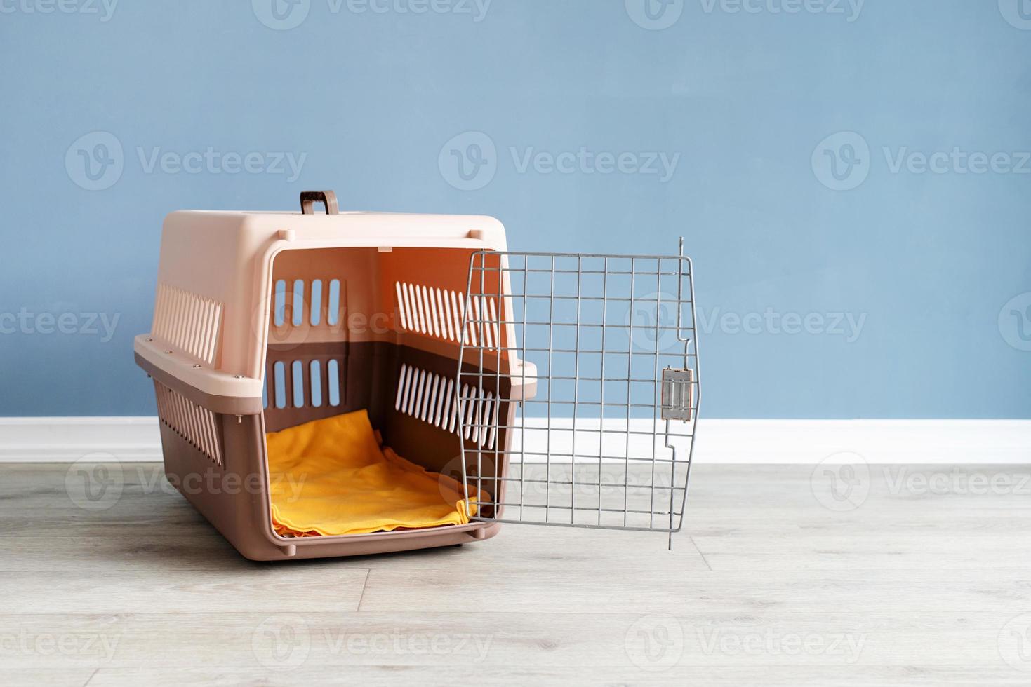 Opened plastic pet carrier or pet cage on the floor at home, copy space photo