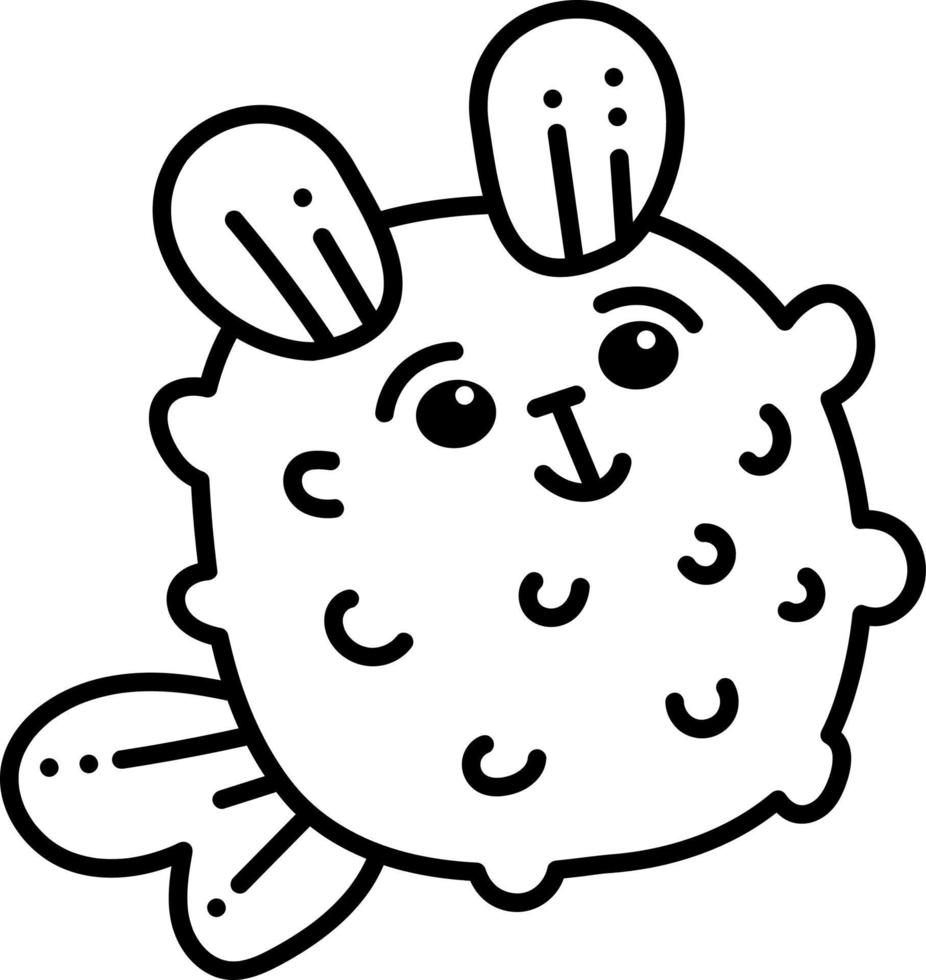 Puffer fish doodle. Cute single puffer fish with smile. Cartoon white and black vector illustration.