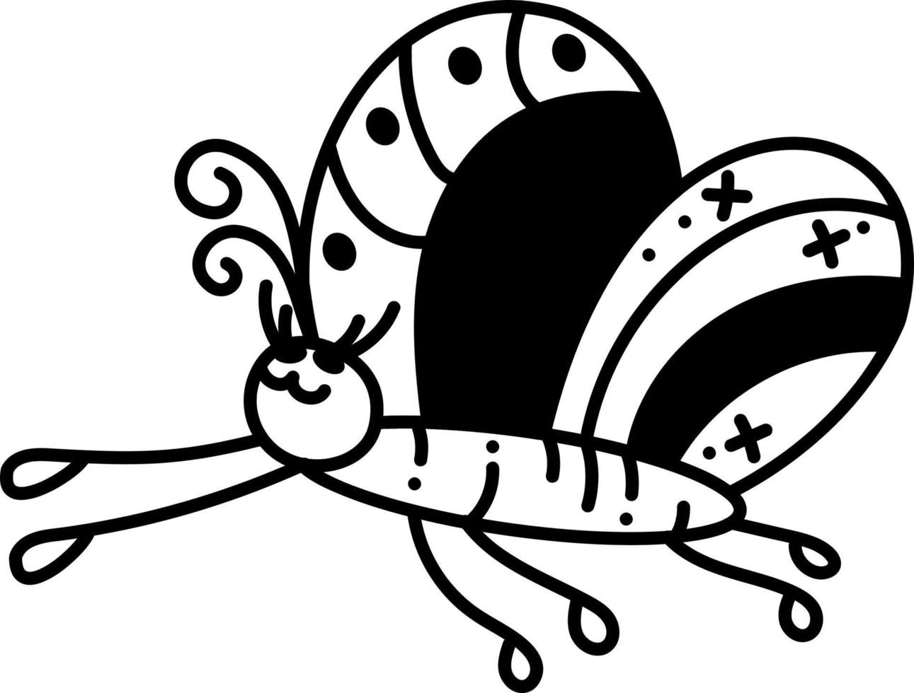 Butterfly doodle5. A cute butterfly flies to the left. Cartoon white and black vector illustration.