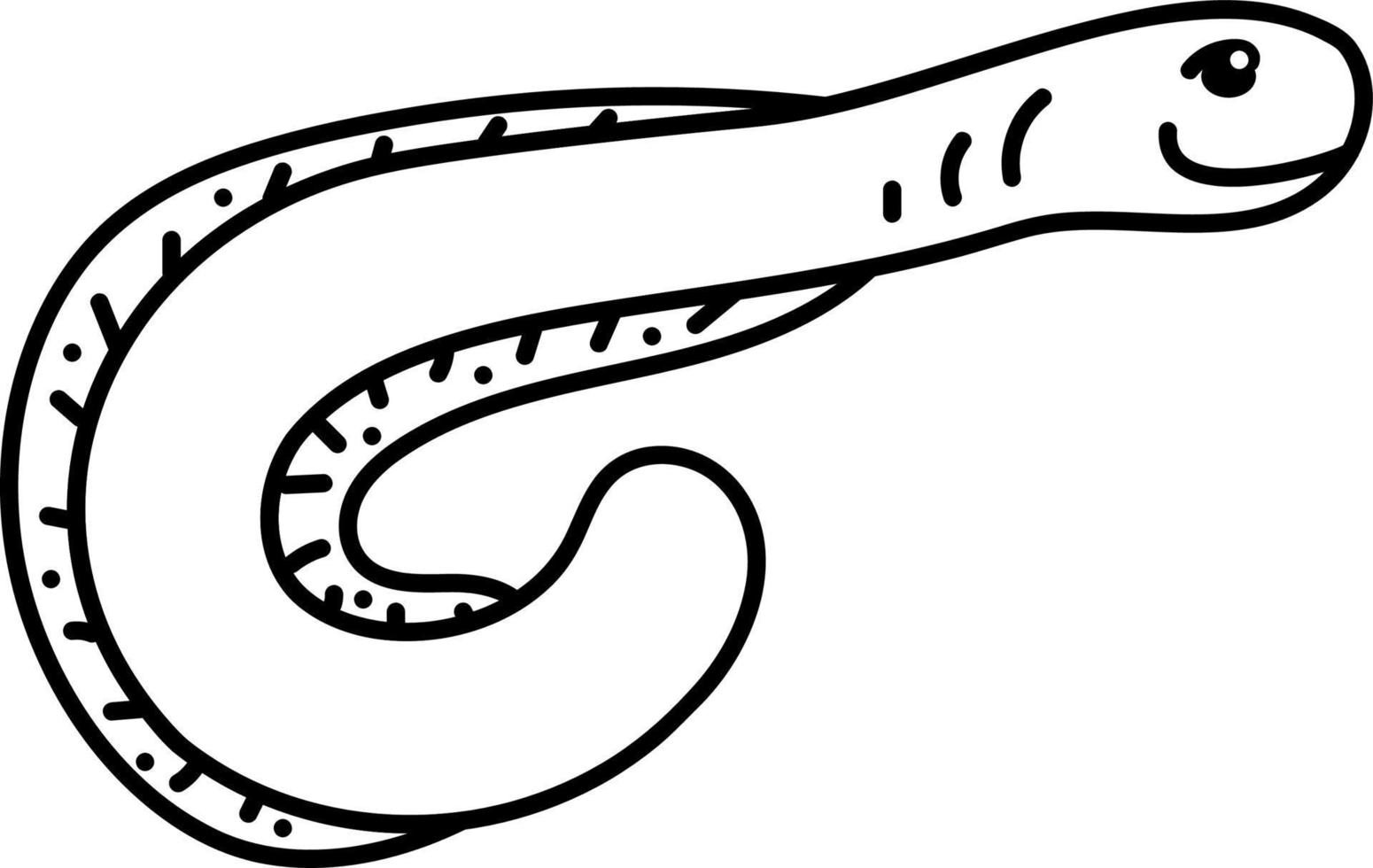 Sea eel doodle. Cute single sea eel with smile. Cartoon white and black vector illustration.