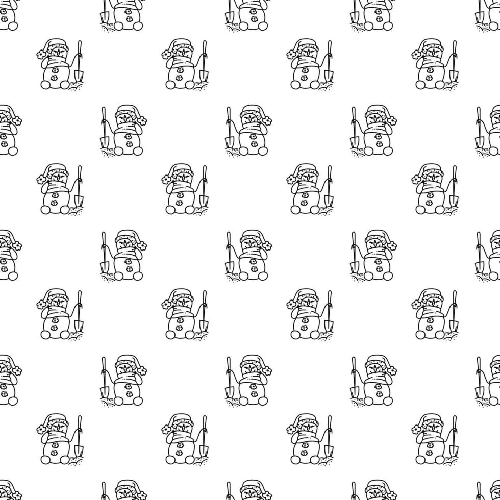 Snowman pattern4. Cute seamless pattern with snowmen with shovel. Cartoon white and black vector illustration.