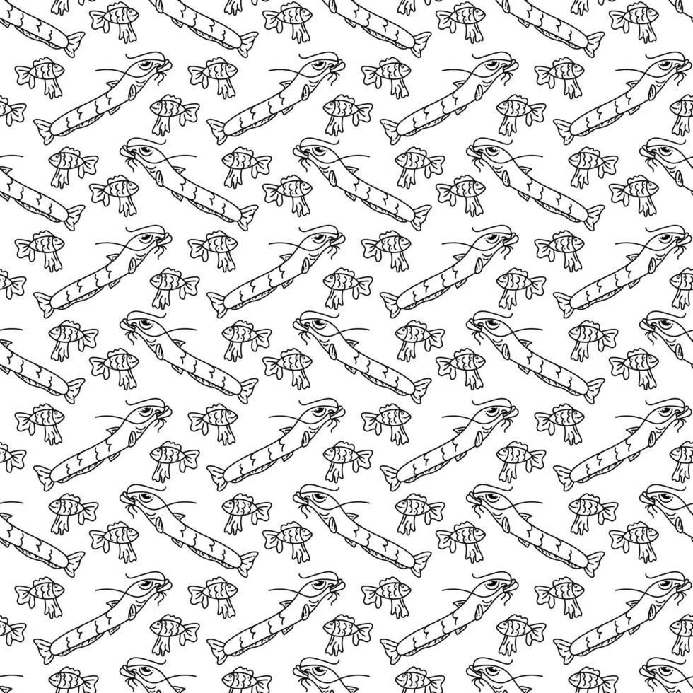 Fish pattern4. Cute seamless pattern with golg fish and catfish. Cartoon white and black vector illustration.