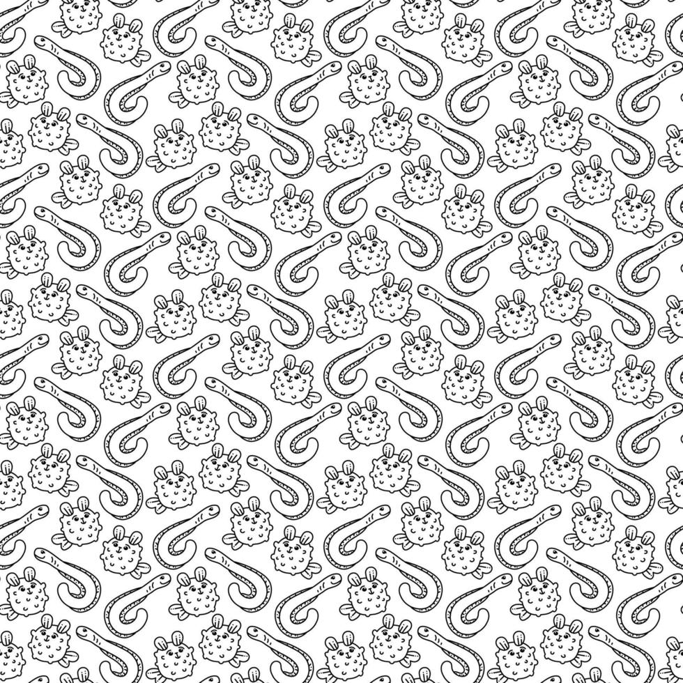 Fish pattern3. Cute seamless pattern with sea eel and puffer. Cartoon white and black vector illustration.