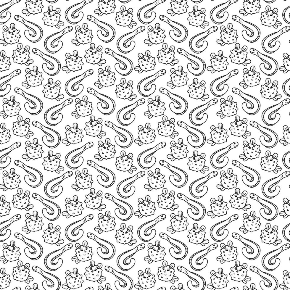 Fish pattern3. Cute seamless pattern with sea eel and puffer. Cartoon white and black vector illustration.