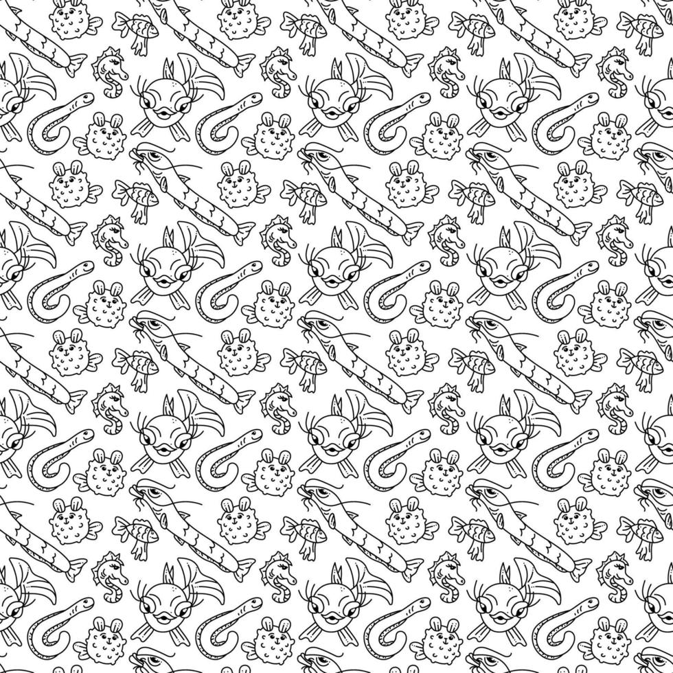 patrón de pescado lindo patrón sin costuras de 5 tipos de peces. ilustración vectorial de dibujos animados en blanco y negro. vector