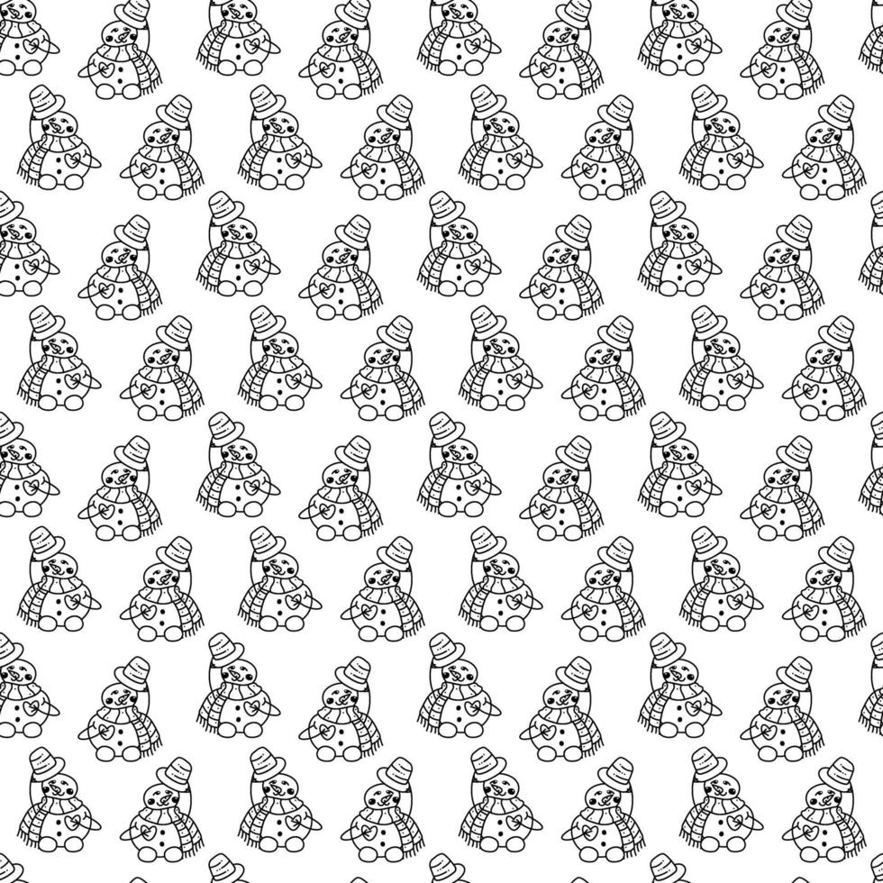 patrón de muñeco de nieve7. lindo patrón sin costuras con un muñeco de nieve en un sombrero y bufanda. ilustración vectorial de dibujos animados en blanco y negro. vector