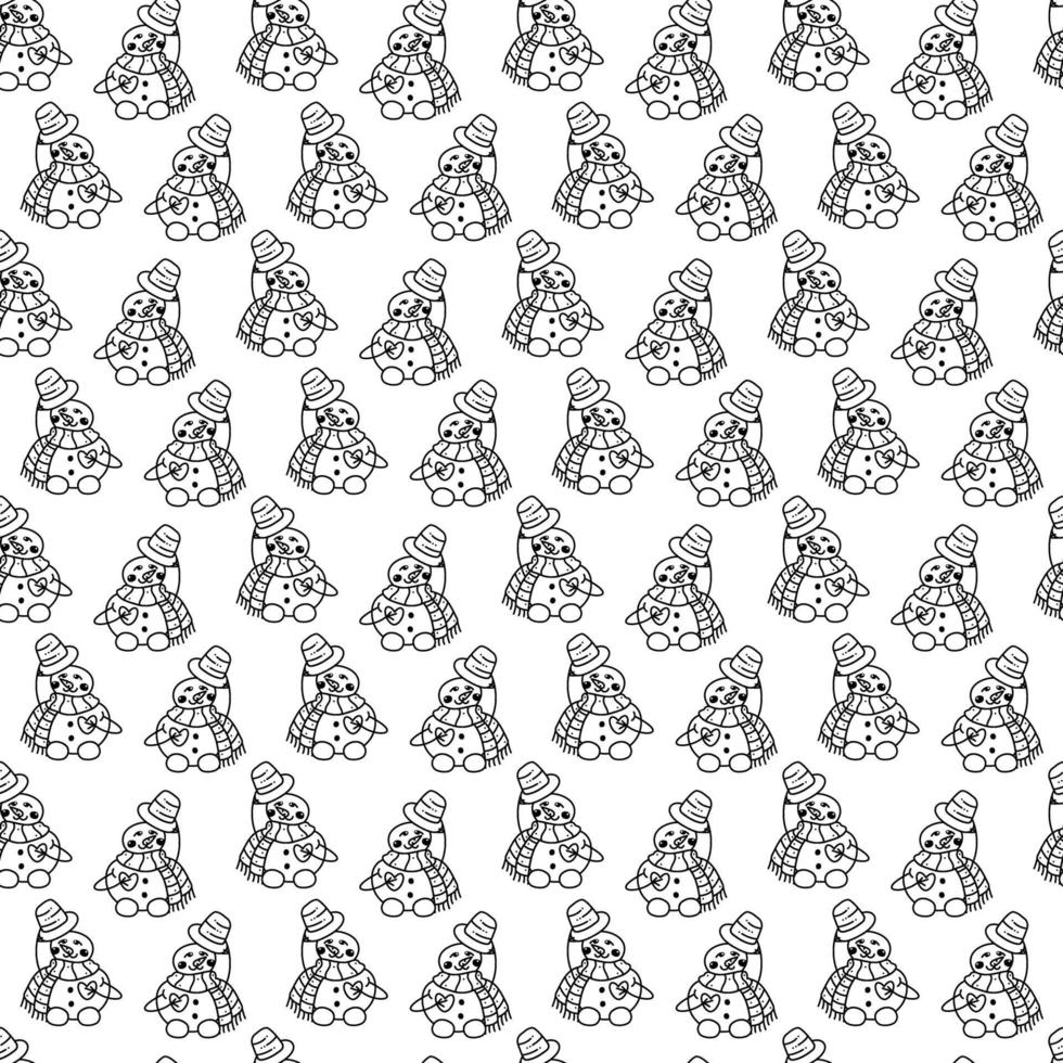Snowman pattern7. Cute seamless pattern with a snowman in a hat and scarf. Cartoon white and black vector illustration.