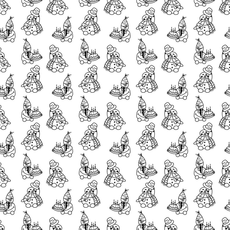 Snowman pattern3. Cute seamless pattern with two snowmen. Cartoon white and black vector illustration.