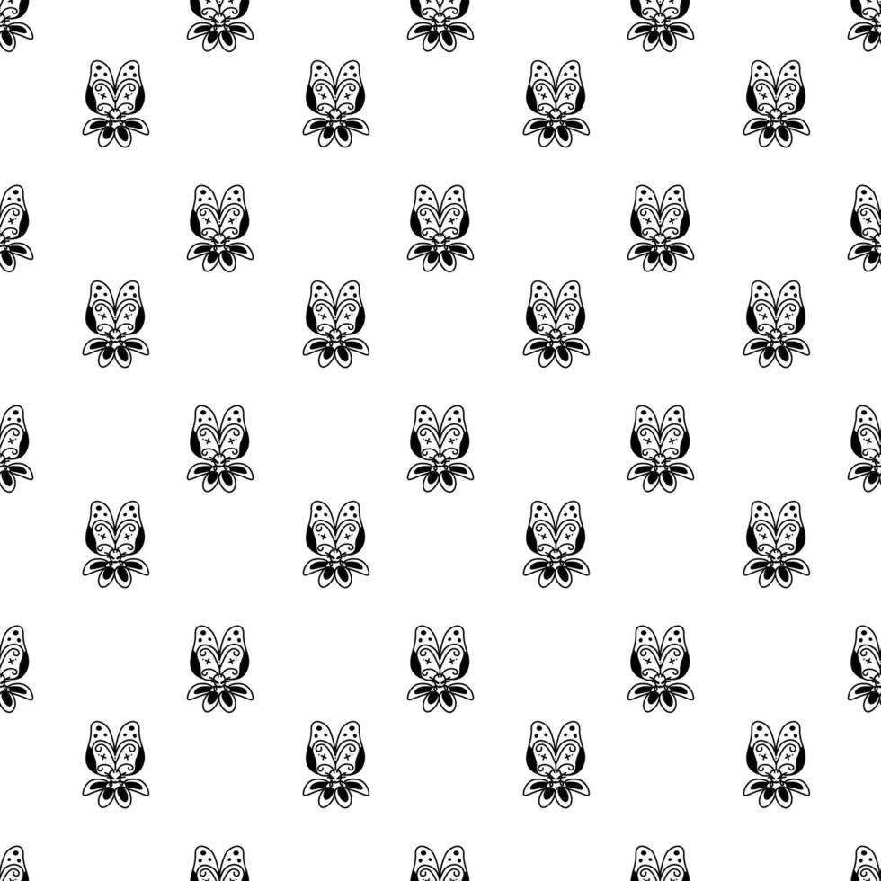 Butterfly pattern6. Cute seamless pattern with butterfly sitting on a flower. Cartoon white and black vector illustration.
