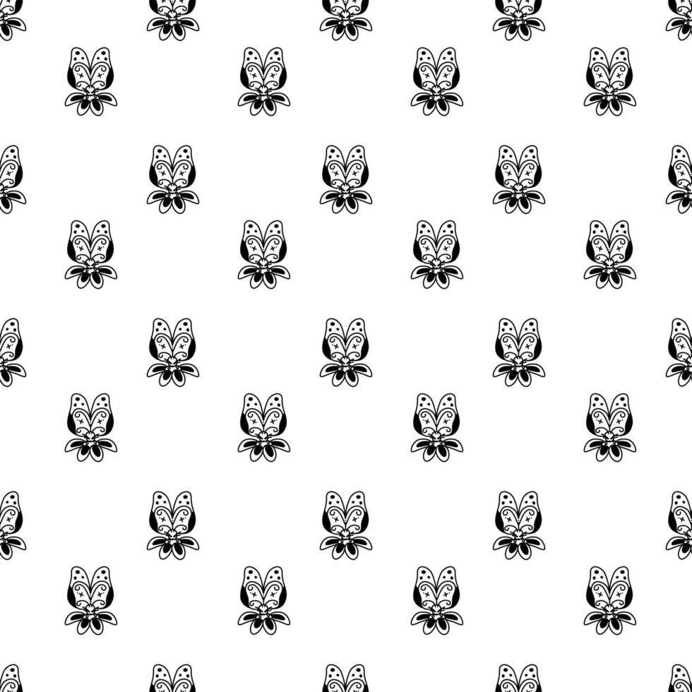 Butterfly pattern6. Cute seamless pattern with butterfly sitting on a flower. Cartoon white and black vector illustration.