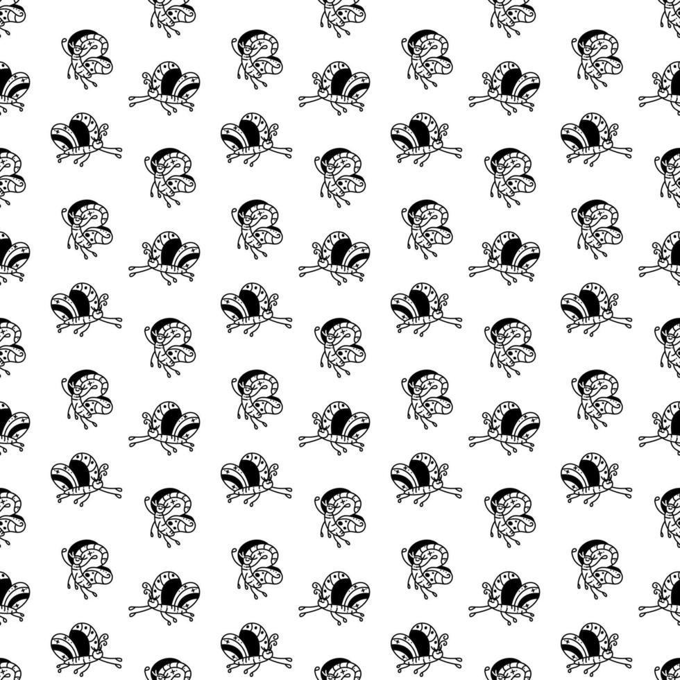 Butterfly pattern4. Cute seamless pattern with two butterflies. Cartoon white and black vector illustration.