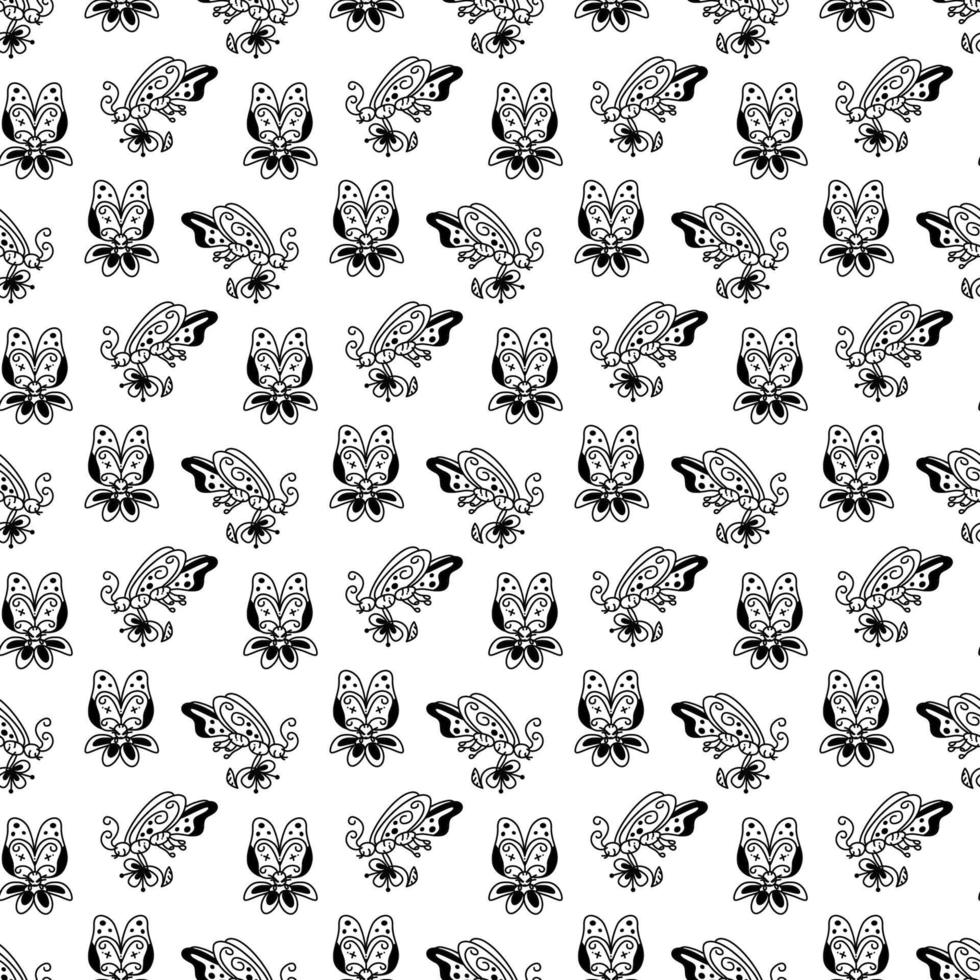 Butterfly pattern2. Cute seamless pattern with two butterflies with flower. Cartoon white and black vector illustration.