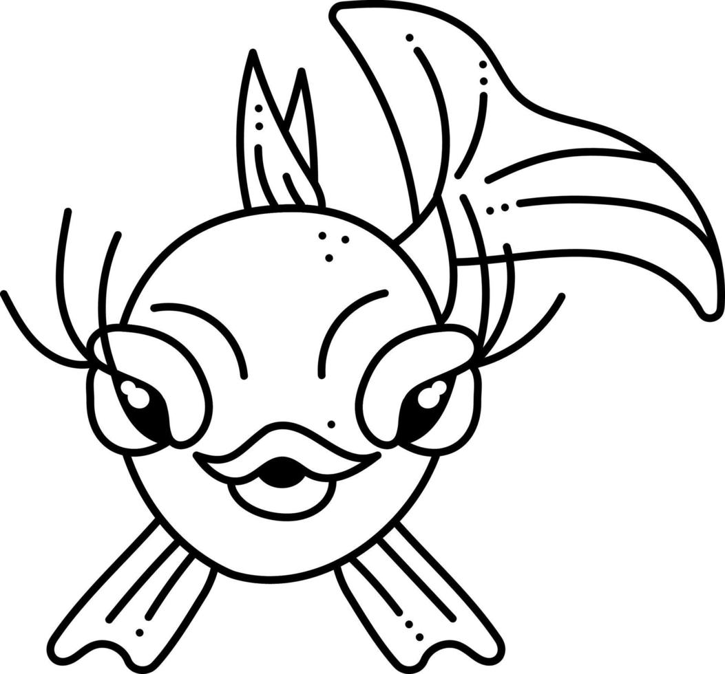 Fish doodle. Cute single fish with big lips and eyes. Cartoon white and black vector illustration.
