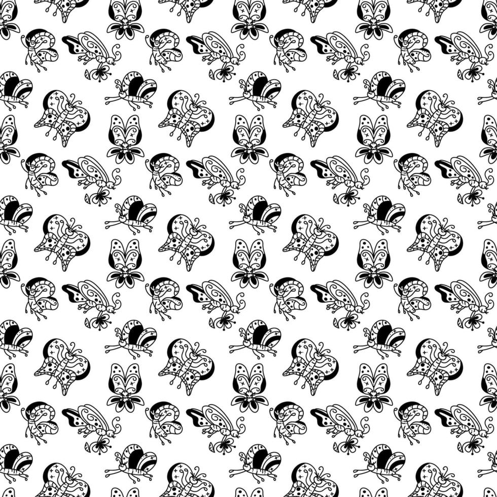 Butterfly pattern1. Cute seamless pattern with 5 different butterflies. Cartoon white and black vector illustration.