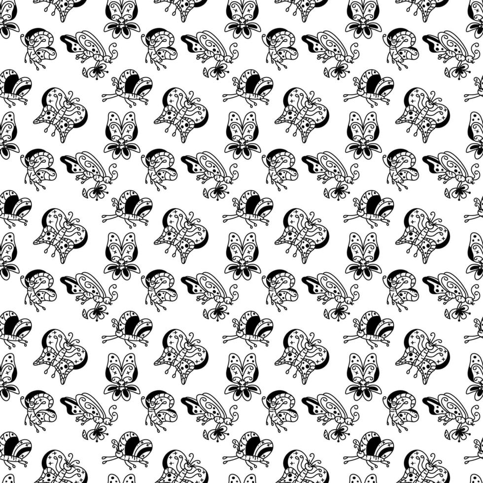 Butterfly pattern1. Cute seamless pattern with 5 different butterflies. Cartoon white and black vector illustration.