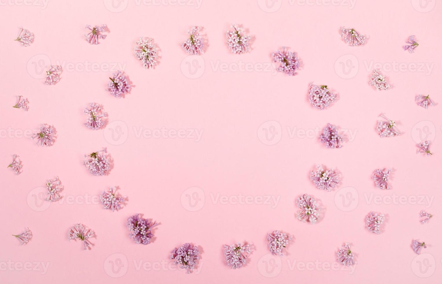 Creative floral background with flowers of lilac laid out in circle with copy space inside it on trendy pink backdrop. photo