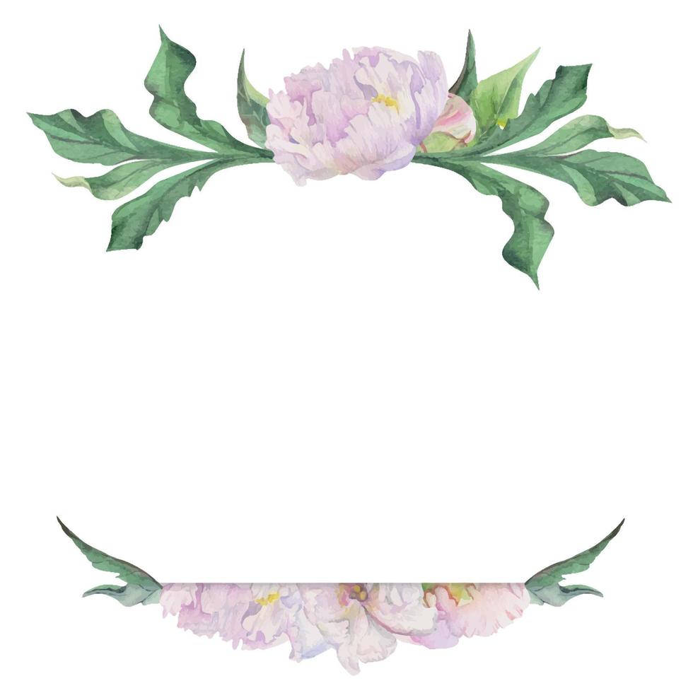 Watercolor square frame arrangement with hand drawn delicate pink peony flowers, buds and leaves. Isolated on white background. For invitations, wedding, love or greeting cards, paper, print, textile vector