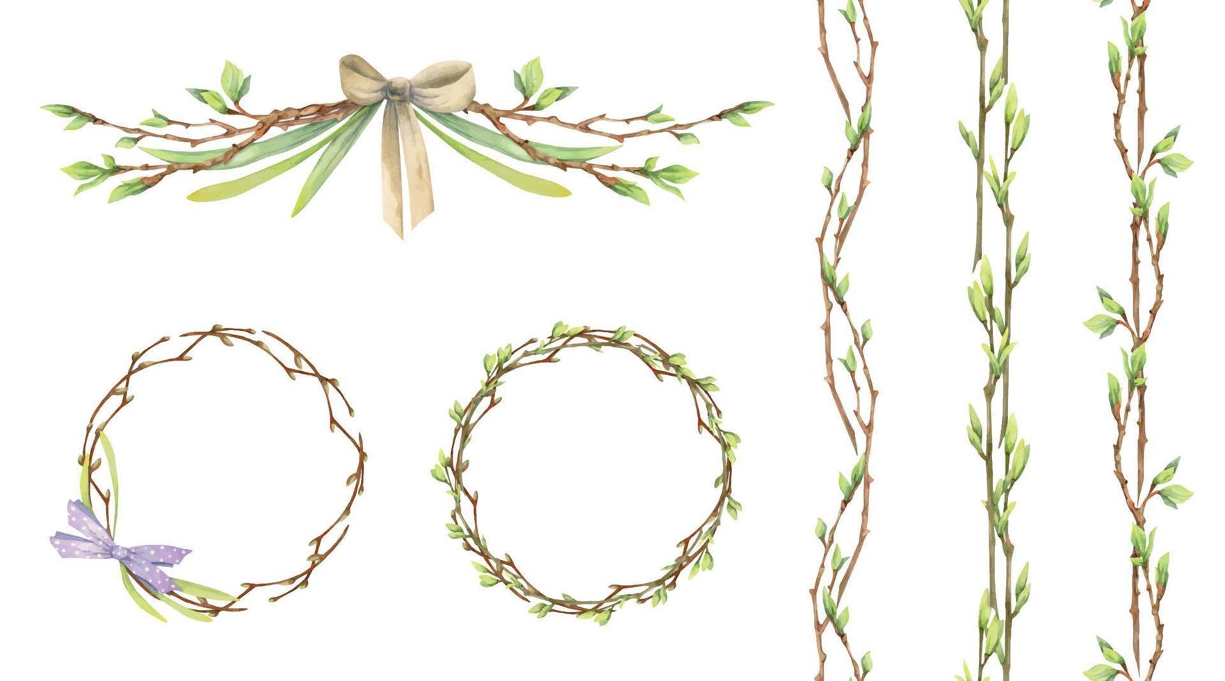 Watercolor hand drawn composition of spring branches and twigs with fresh green leaves, bow, gift tag Isolated on white background. For invitations, wedding, greeting cards, wallpaper, print, textile. vector