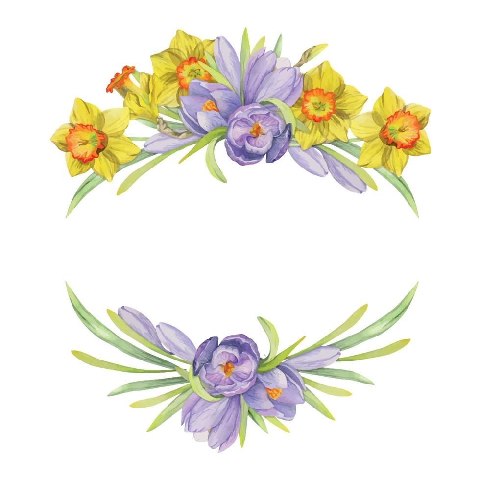 Watercolor hand drawn composition with spring flowers, crocus, snowdrops, daffodils, bow, gift tag. Isolated on white background. For invitations, wedding, greeting cards, wallpaper, print, textile. vector