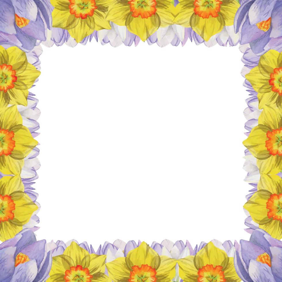 marco cuadrado dibujado a mano con acuarela con flores de primavera, azafrán, gotas de nieve, narcisos, hojas. aislado sobre fondo blanco. diseño para invitaciones, bodas, tarjetas de felicitación, papel pintado, estampado, textil. vector