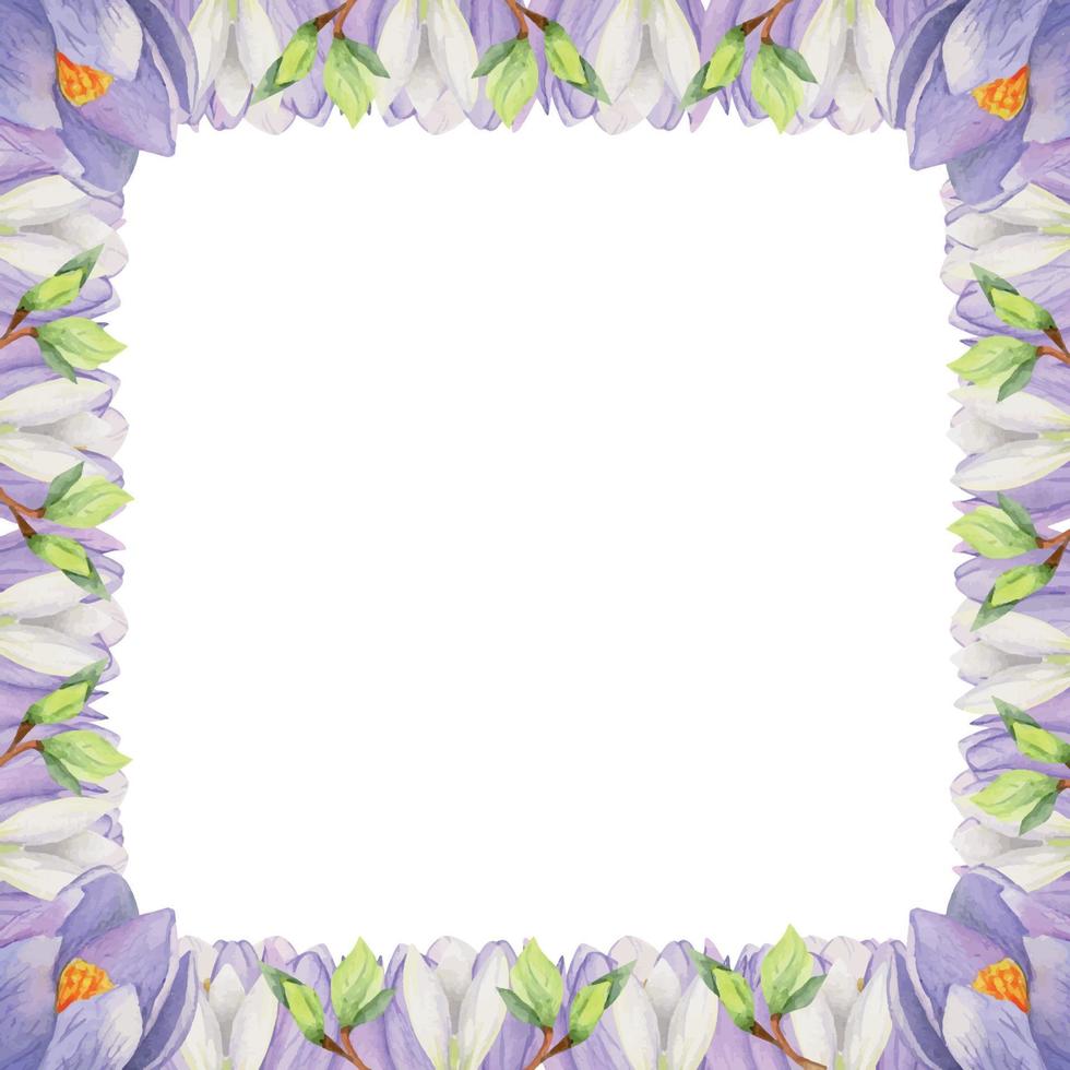 Watercolor hand drawn square frame with spring flowers, crocus, snowdrops, branches, leaves. Isolated on white background. Design for invitations, wedding, greeting cards, wallpaper, print, textile. vector