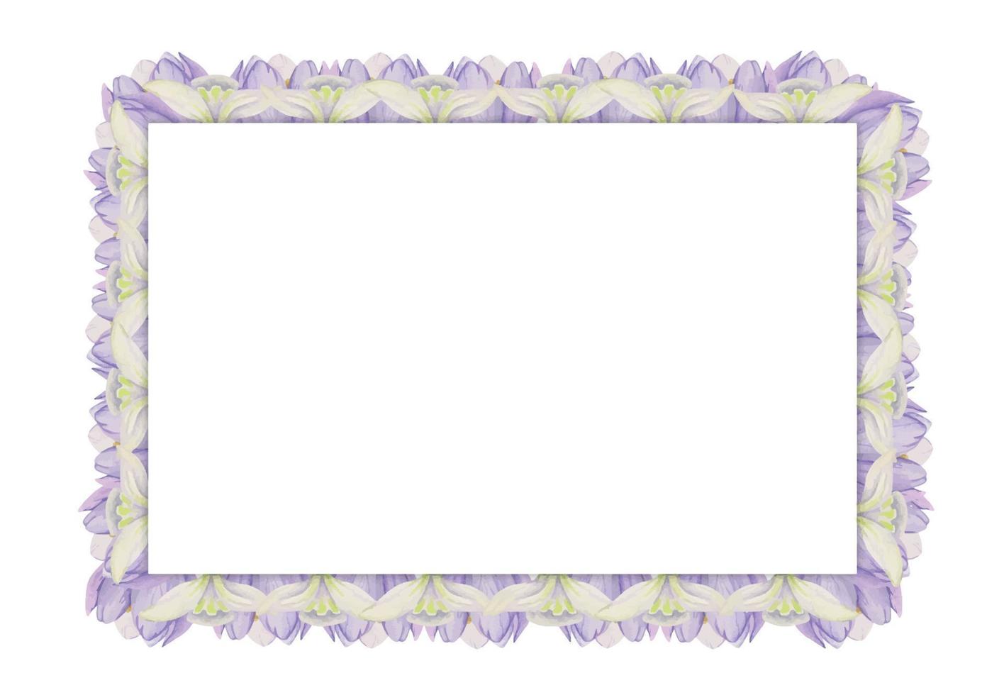 Watercolor hand drawn square frame with spring flowers, crocus, snowdrops, branches, leaves. Isolated on white background. Design for invitations, wedding, greeting cards, wallpaper, print, textile. vector