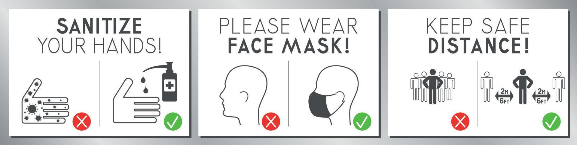 Posters about Wearing Face Masks, Keeping Distance and Sanitizing vector