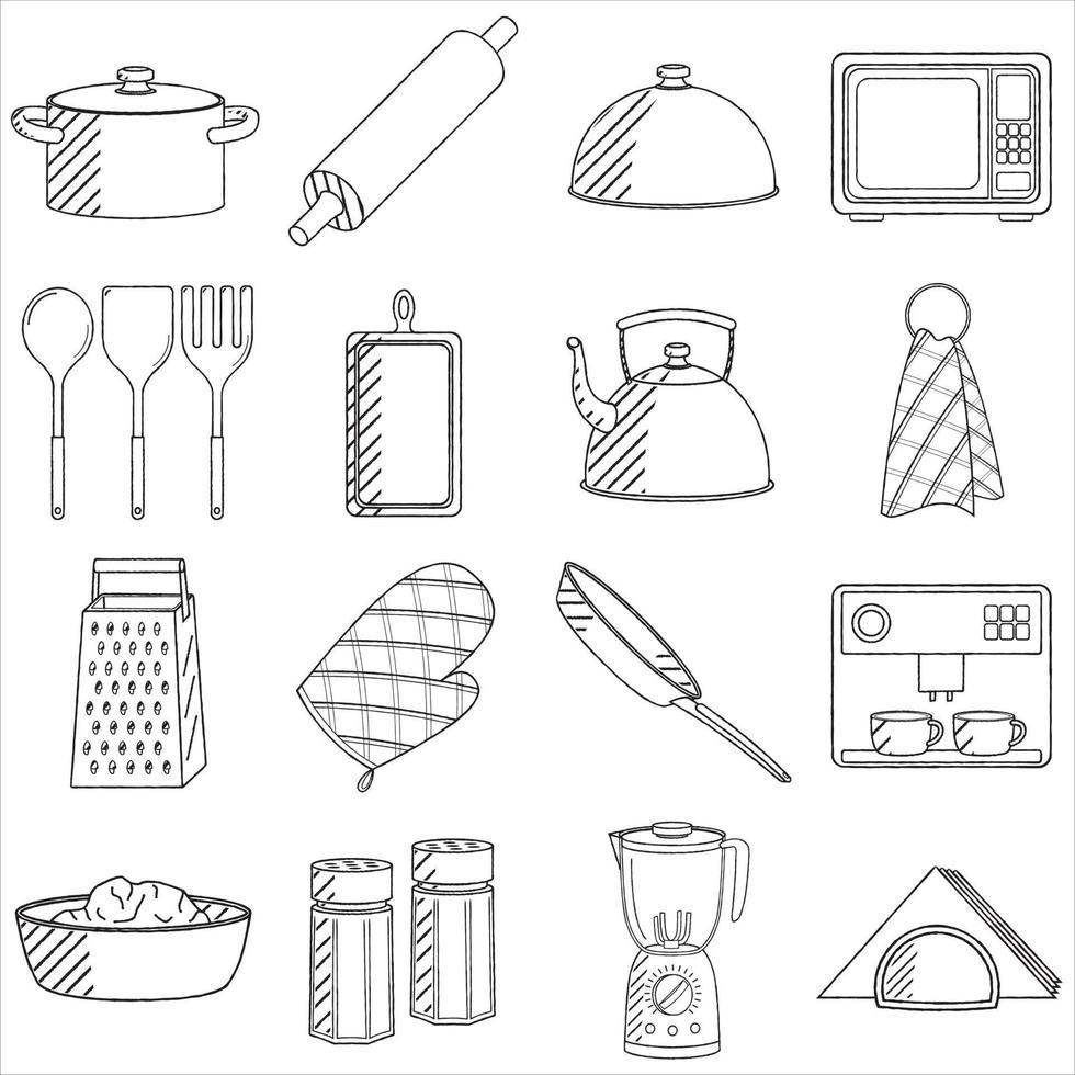 conjunto de utensilios de cocina - ilustración de esquema vector