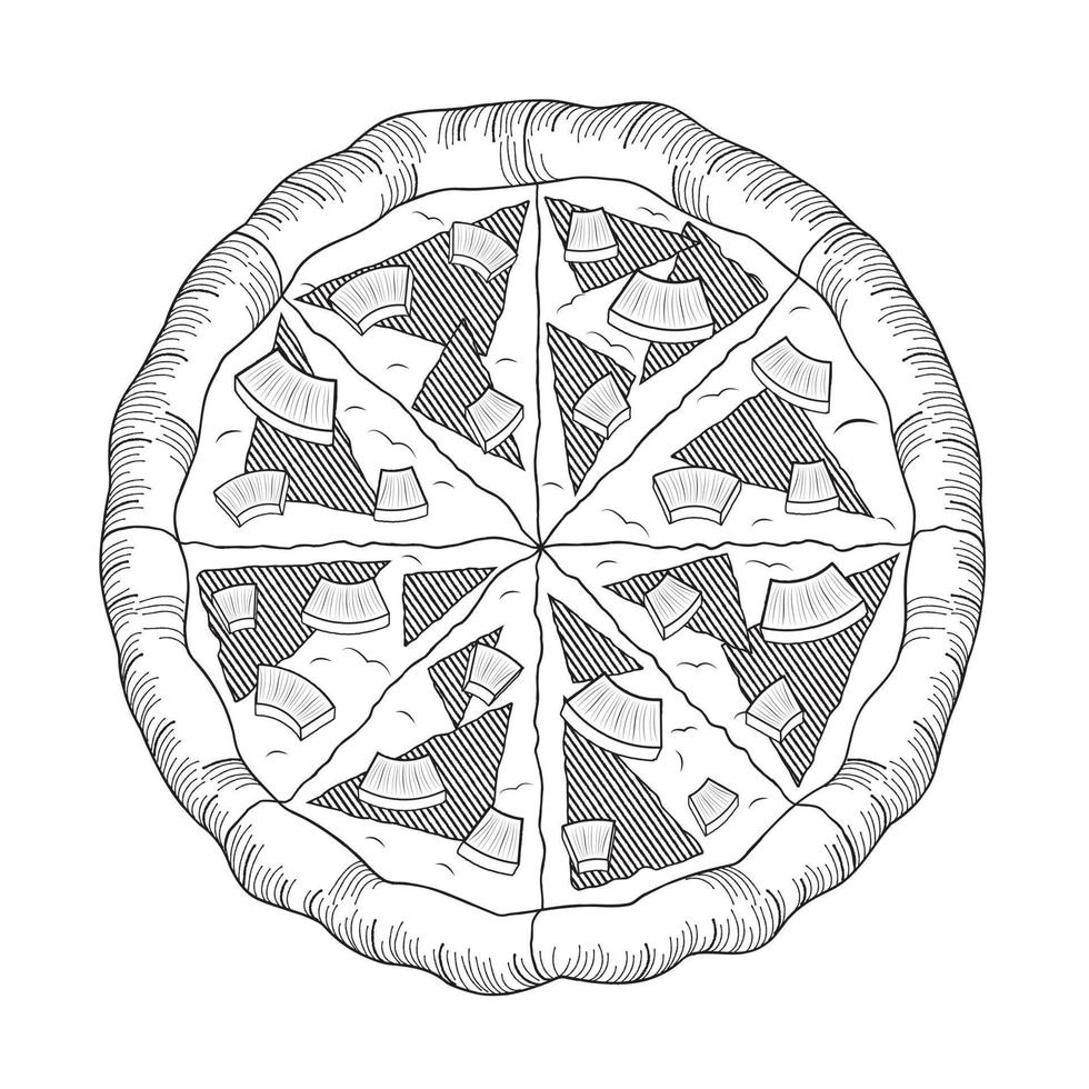 Pizza With Pineapple and Ham - Outline Illustration vector