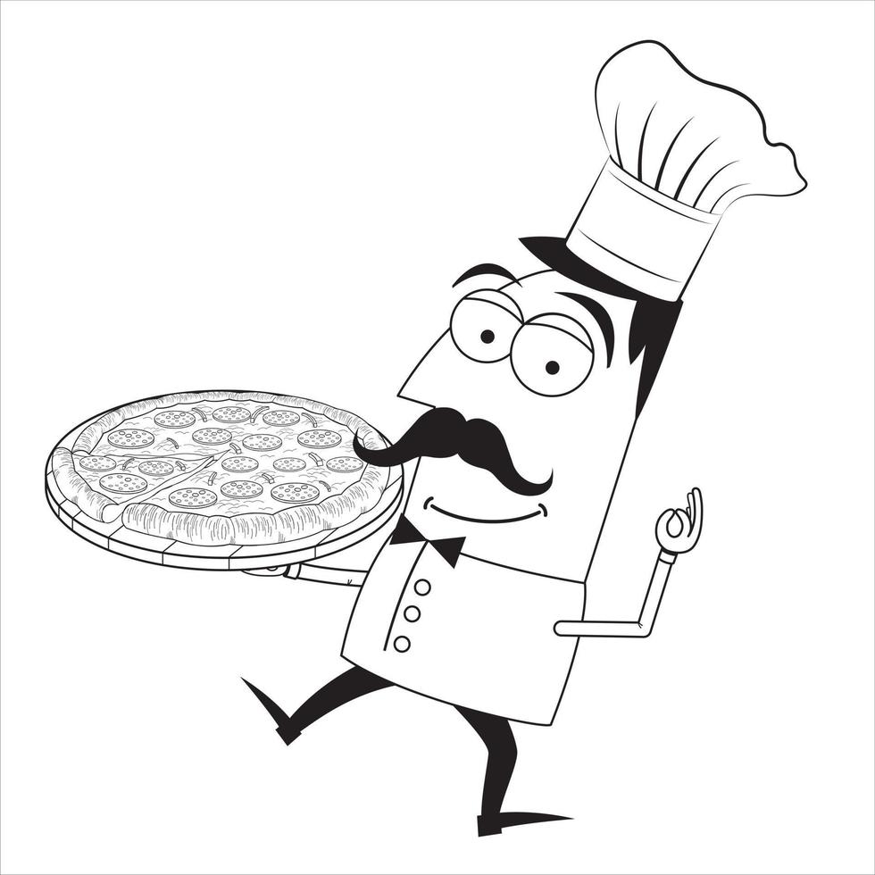 cocinero sosteniendo pizza - ilustración de contorno vector