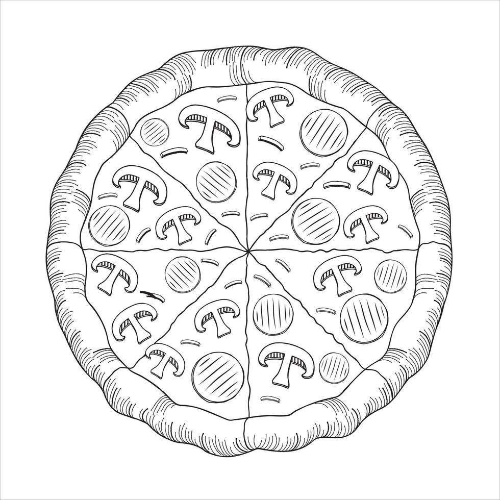 pizza con jamón y champiñones - ilustración de esquema vector