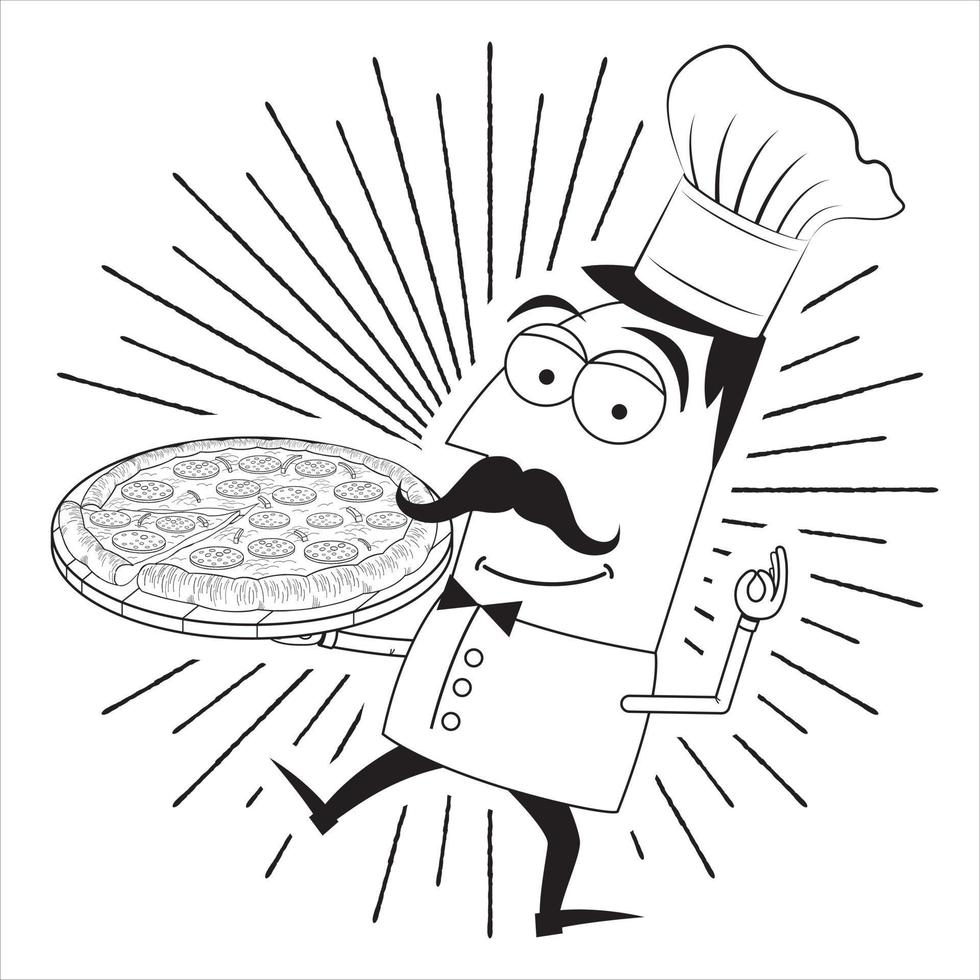 Cook Holding Pizza - Outline Illustration vector