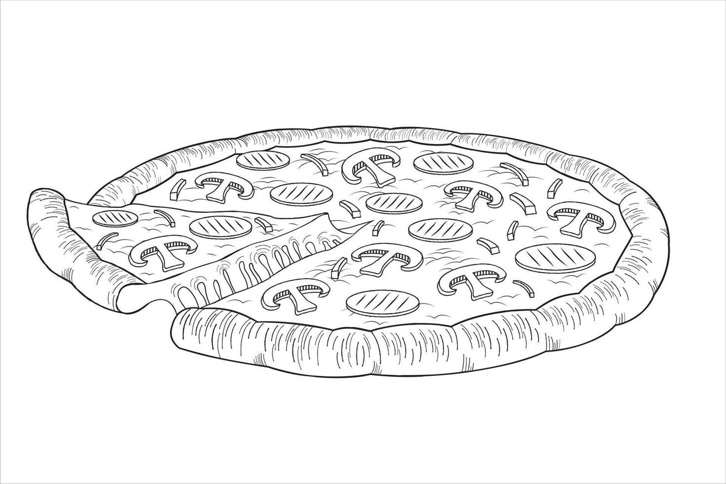 Pizza With Ham and Mushrooms - Outline Illustration vector