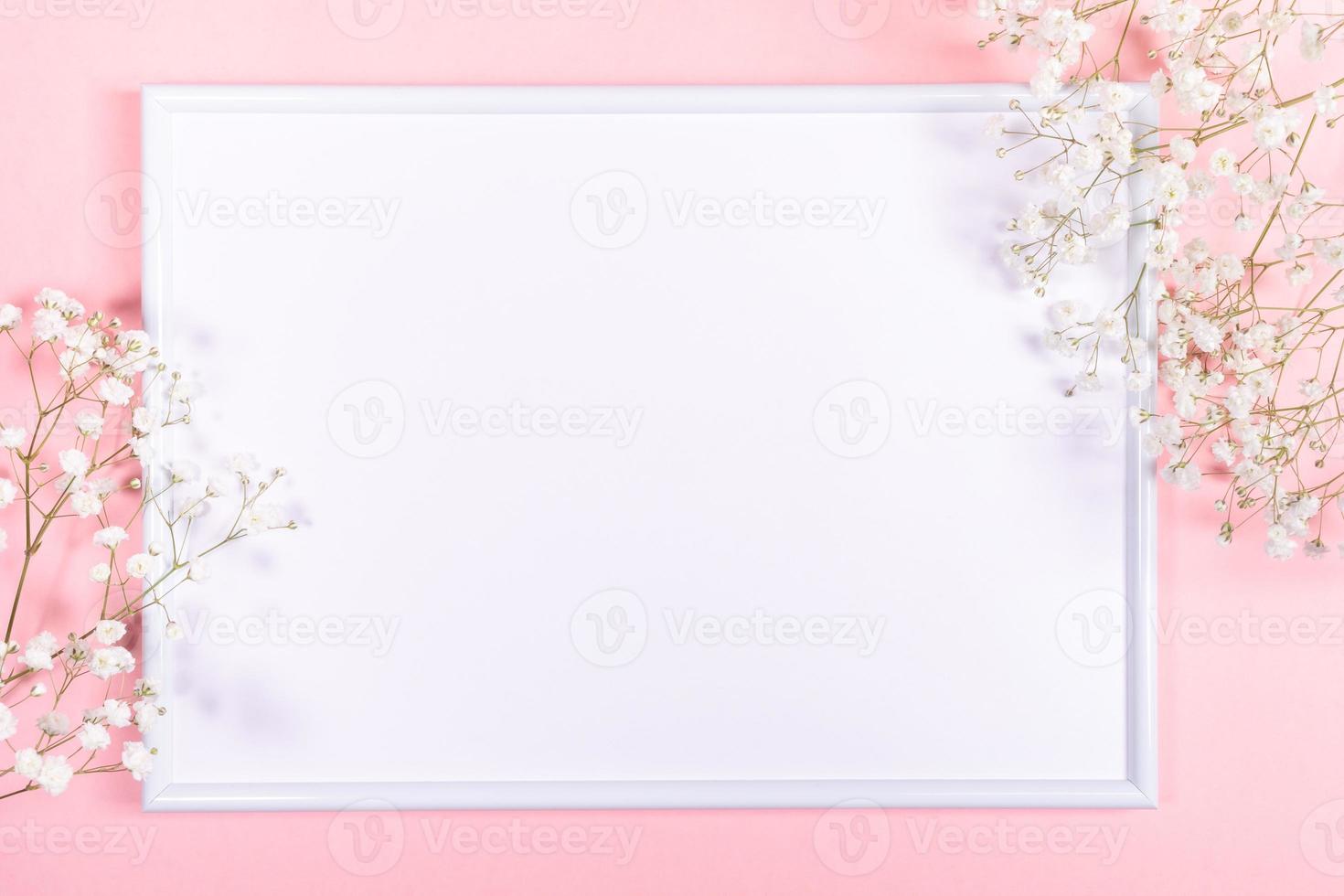 Frame with white copy space and gentle white gypsophila flowers on pastel pink. Spring festive background. photo