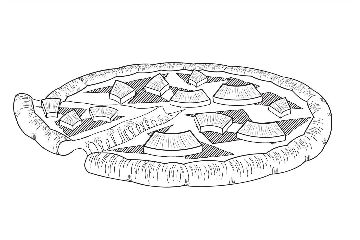 Pizza With Pineapple and Ham - Outline Illustration vector