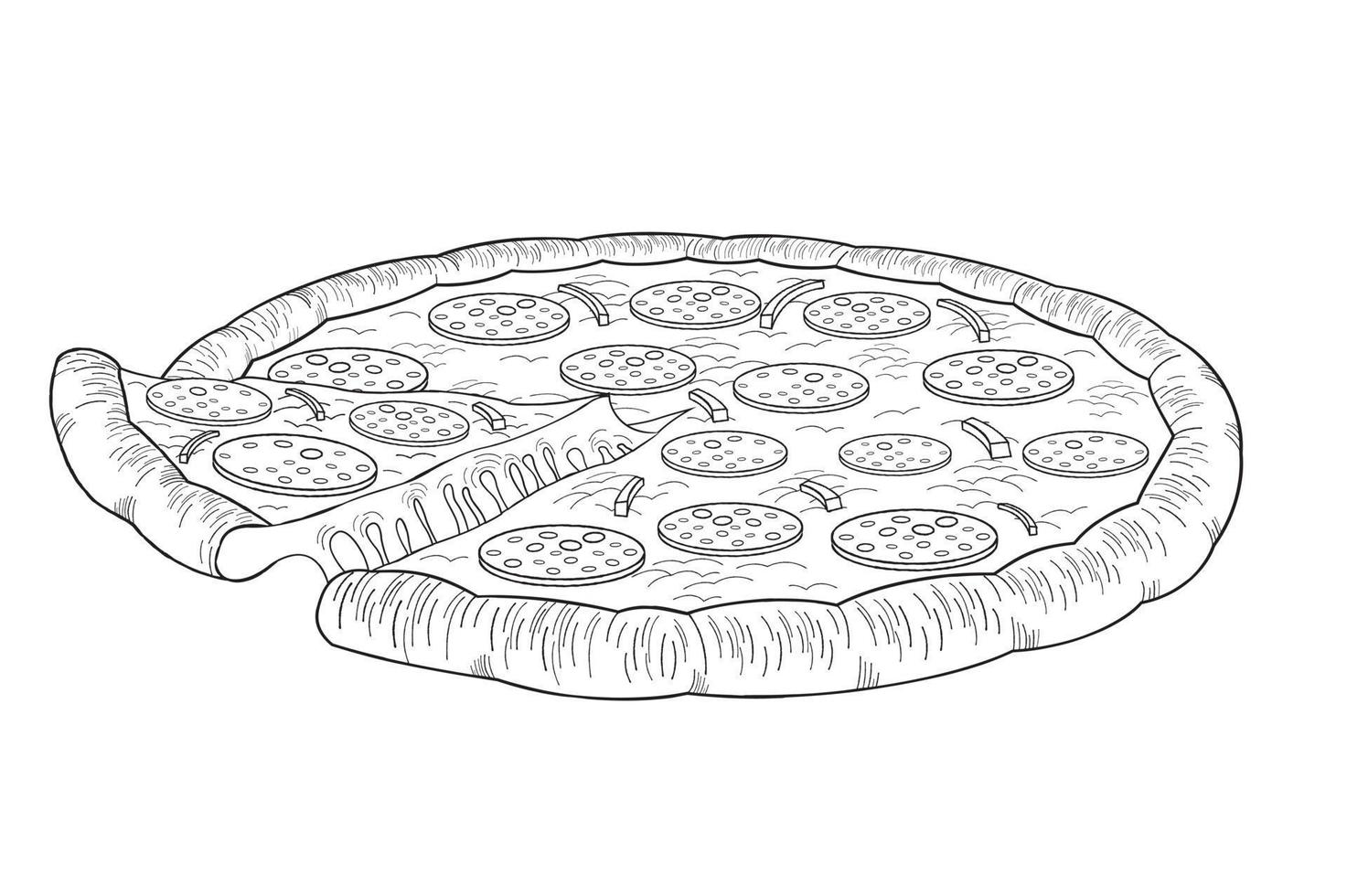 pizza con pepperoni y cebolla - ilustración de esquema vector