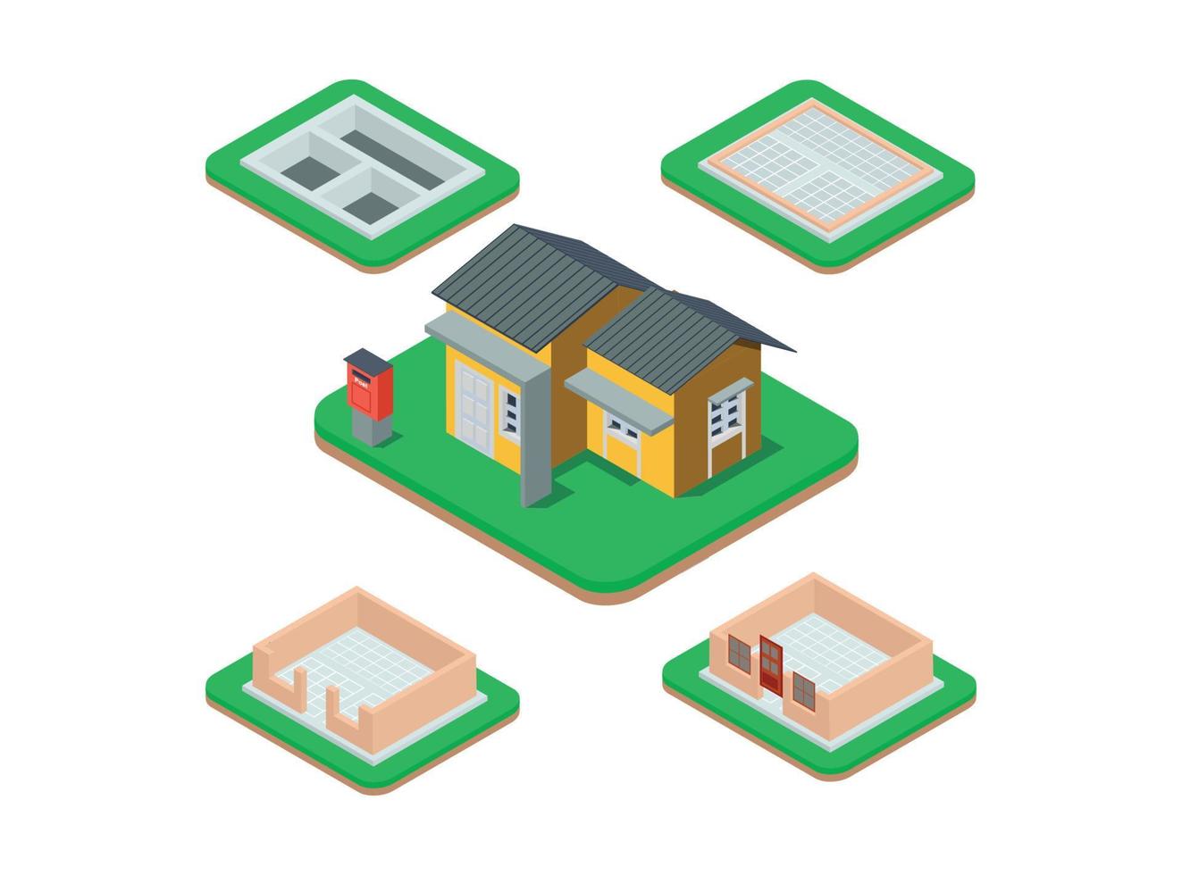 Isometric set stage-by-stage construction of a brick house. House building process. Foundation pouring, construction of walls, roof installation and landscape design vector