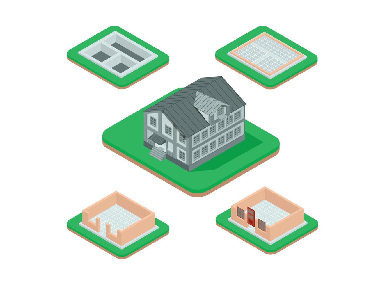 Isometric set stage-by-stage construction of a brick house. House building process. Foundation pouring, construction of walls, roof installation and landscape design vector