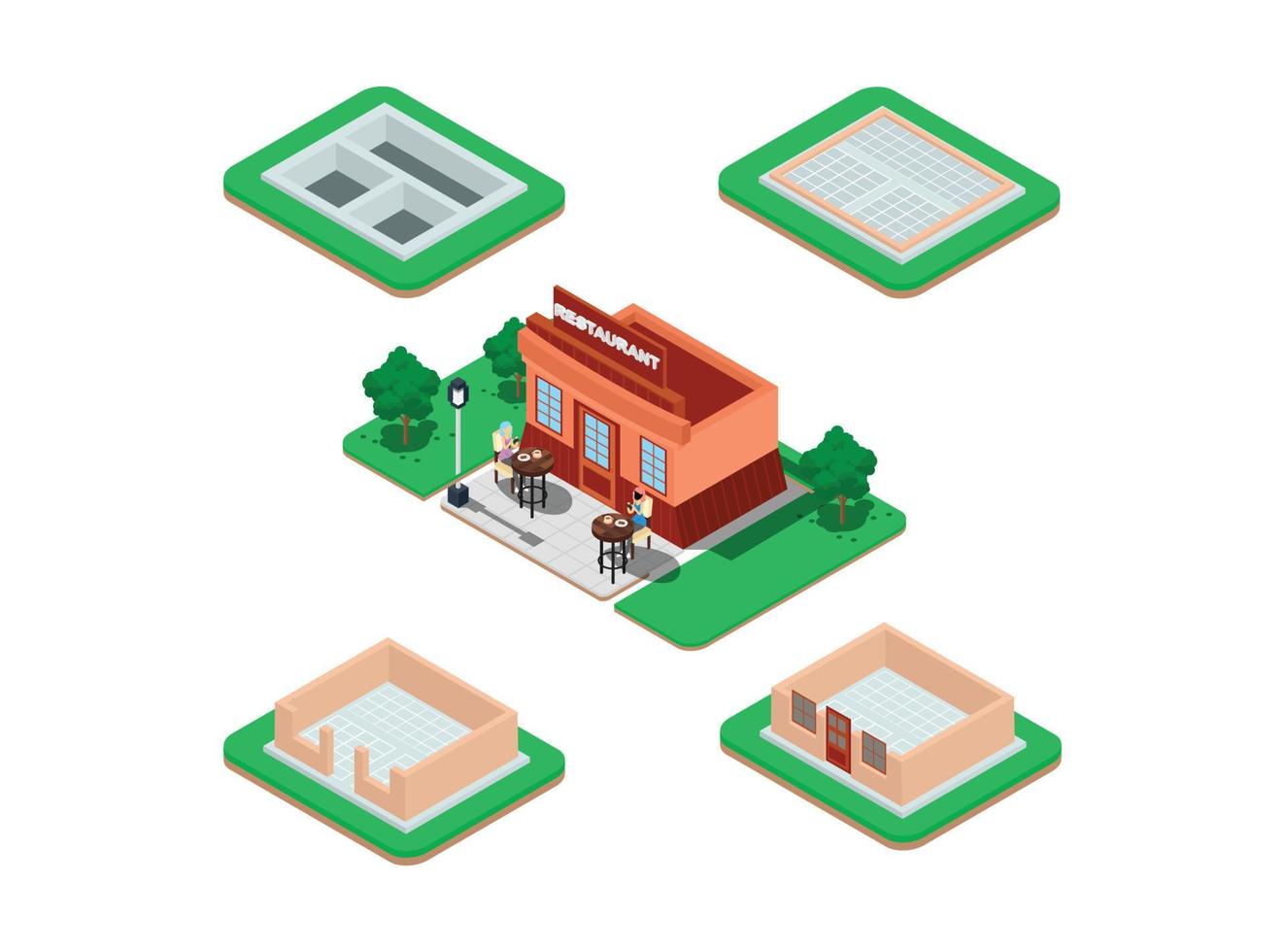 Isometric set stage-by-stage construction of a brick house. House building process. Foundation pouring, construction of walls, roof installation and landscape design vector