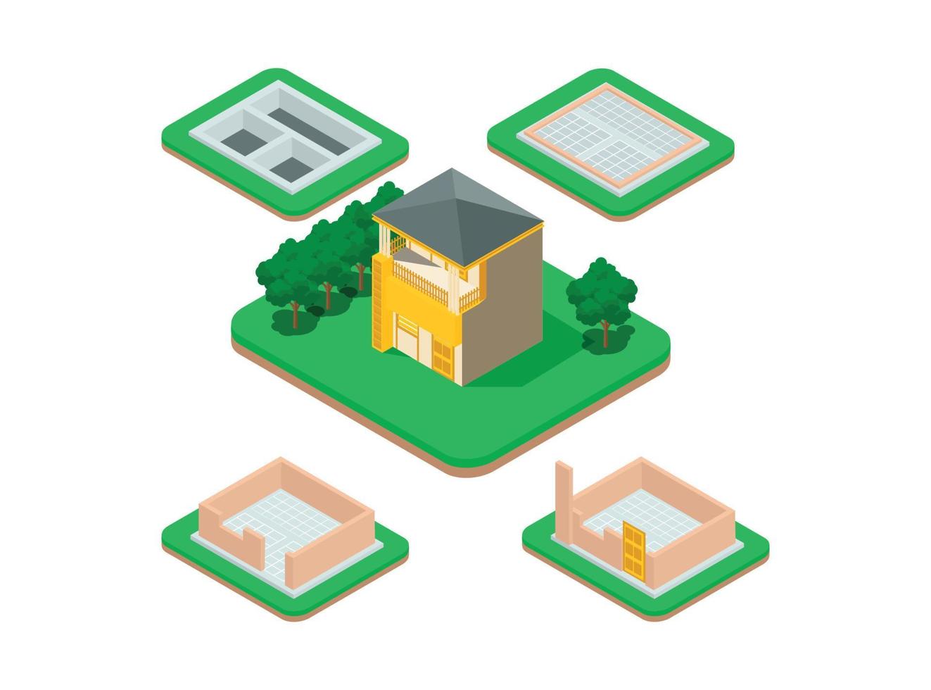 Isometric set stage-by-stage construction of a brick house. House building process. Foundation pouring, construction of walls, roof installation and landscape design vector