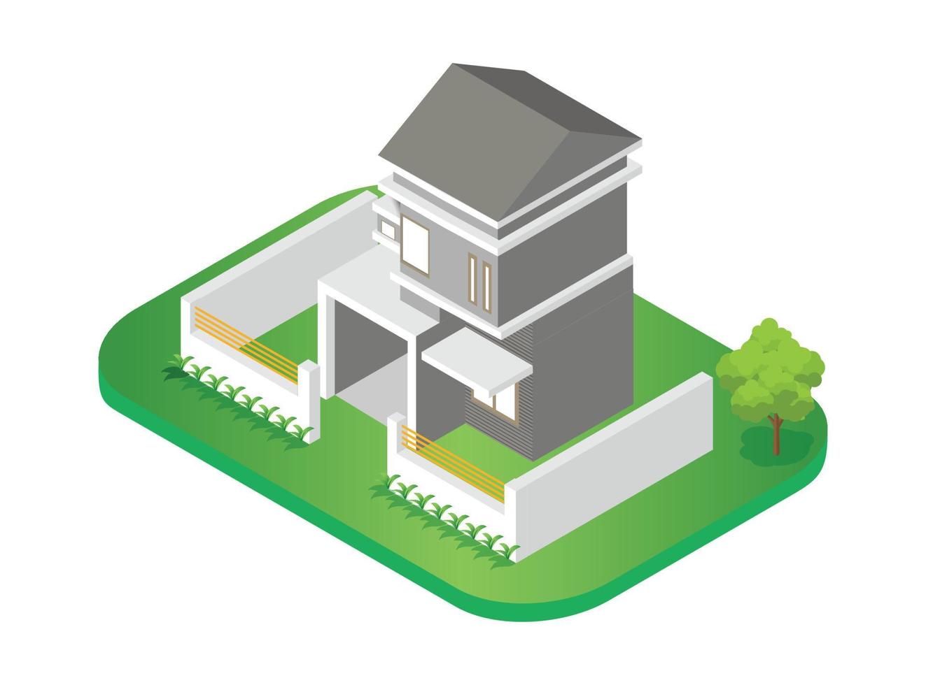 Isometric set stage-by-stage construction of a brick house. House building process. Foundation pouring, construction of walls, roof installation and landscape design vector