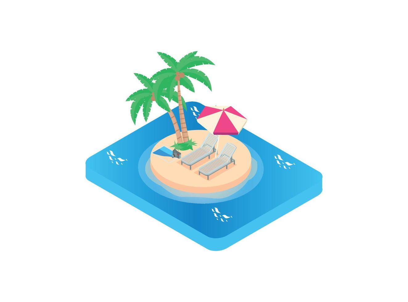 3D isometric vacation on a tropical beach with easy chairs, umbrellas and cold drinks. Vector Isometric Illustration Suitable for Diagrams, Infographics, And Other Graphic assets